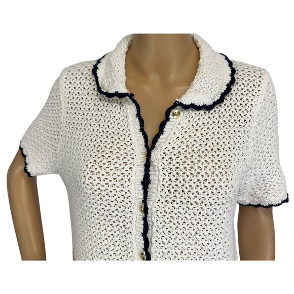 J. Crew Short Sleeve Crochet Cardigan Sweater Ivory Navy CJ215 Size M - Picture 8 of 13